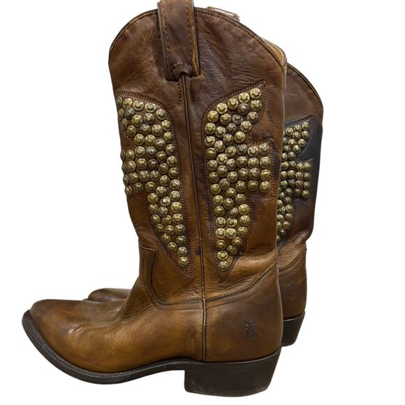 Frye Billy Hammered Stud Cognac Leather Western Cowboy Riding Boot 7.5 7.5 - Picture 4 of 11